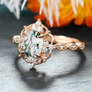 Vintage Natural Moss Agate Ring 14K Yellow Gold Green Agate Engagement Promise Ring For Women Birthstone Anniversary Birthday Gift For Her