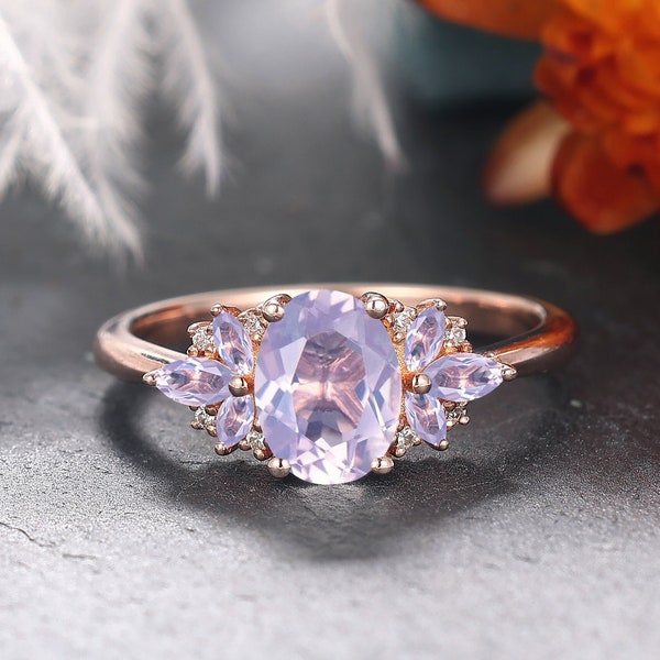 Vintage Oval Lavender Amethyst Engagement Ring Unique Cluster Promise Ring For Her Gold Art Deco Leaf Gemstone Branch Nature Inspired Ring