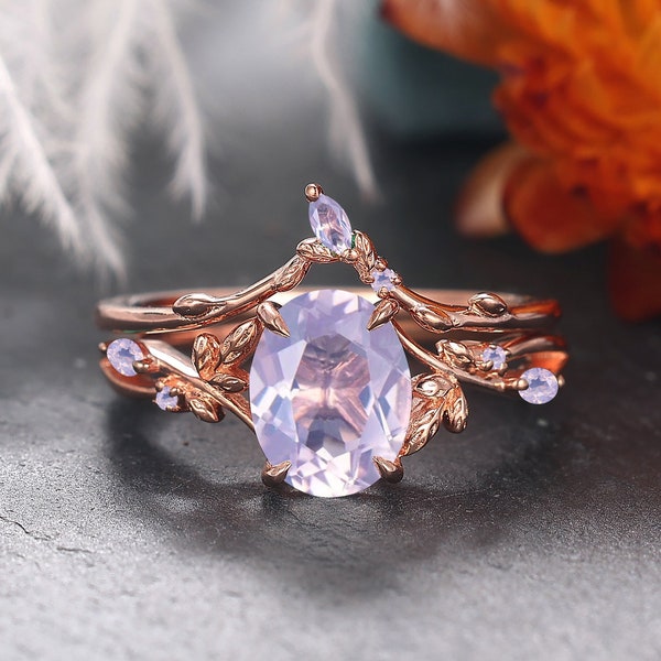 Vintage oval cut Lavender Amethyst engagement ring rose gold art deco cluster leaf nature inspired moss agate bridal wedding ring set women