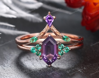 Elongated Hexagon Amethyst Bridal Ring Set Sterling Silver Emerald Amethyst Ring For Women Unique Ring Birthstone Ring Valentine's Day Gift