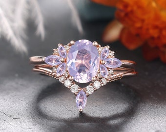 Vintage Oval Lavender Amethyst Wedding Ring Set Unique Cluster Promise Ring For Her Gold Art Deco Leaf Gemstone Branch Nature Inspired Ring