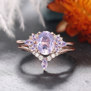 Vintage Oval Lavender Amethyst Wedding Ring Set Unique Cluster Promise Ring For Her Gold Art Deco Leaf Gemstone Branch Nature Inspired Ring