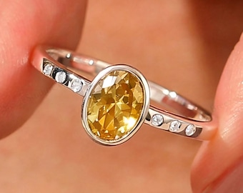 Solid Gold Oval Yellow Citrine Engagement Ring, Vintage Style Bezel Nov Birthstone Anniversary Gift