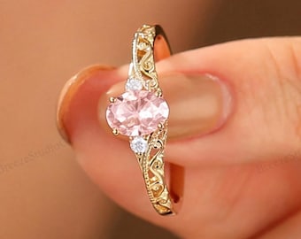Solid Gold Art Deco Oval Pink Morganite Engagement Ring Milgrain Wedding Ring for Lover