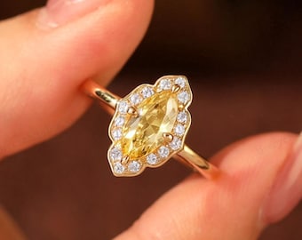 Art Deco Engagement Ring Marquise Citrine Wedding Ring Vintage Halo Statement Anniversary Promise rings