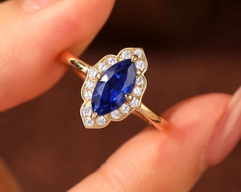 Solid Gold Halo Marquise Cut Blue Sapphire Sep Birthstone Wedding Promise Statement Ring Lover