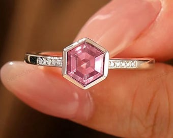 Art Deco Hexagon Cut Pink Sapphire Sep Gemstone Wedding Ring Solid Gold Promise Ring Jewelry