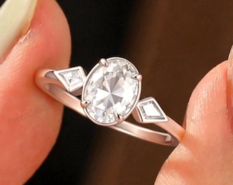 Solid Gold Triple Stone 1.5CT Oval Moissanite Engagement Ring Unique Bezel Set Statement Ring Gift