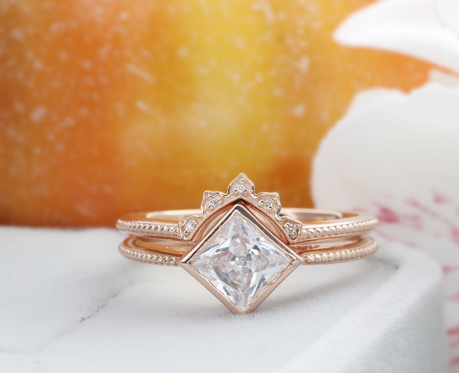 Unique Bridal Set 5.5x5.5mm Square Cut Moissanite Ring Etsy