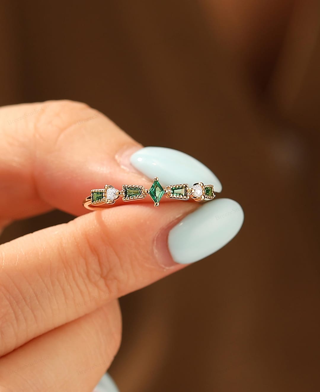 14k Gold Emerald Wedding Band Solid Gold Art Deco Stacking Ring Unique ...