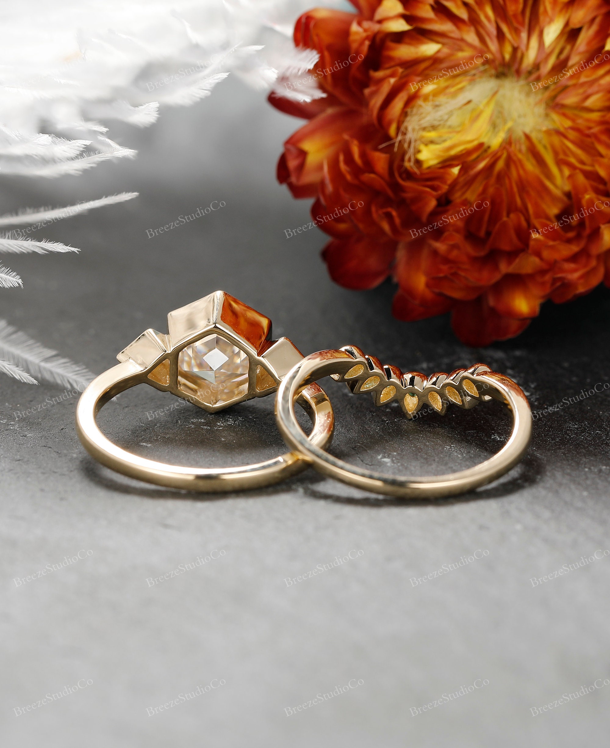 2pcs Ring Set Solid Gold Moissanite Hexagon Cut Wedding Ring - Etsy
