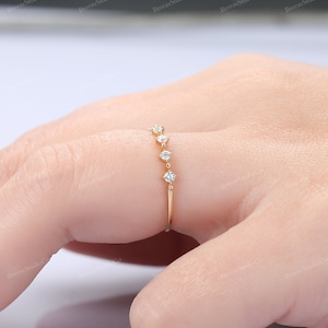 14K Solid Yellow Gold Dainty Moissanite Wedding Band Women Wedding Ring Delicate Stacking Ring Stackable Band Thin 6 Stone Diamond Band image 10