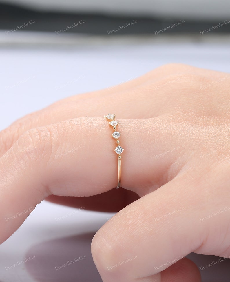 14K Solid Yellow Gold Dainty Moissanite Wedding Band Women Wedding Ring Delicate Stacking Ring Stackable Band Thin 6 Stone Diamond Band image 10