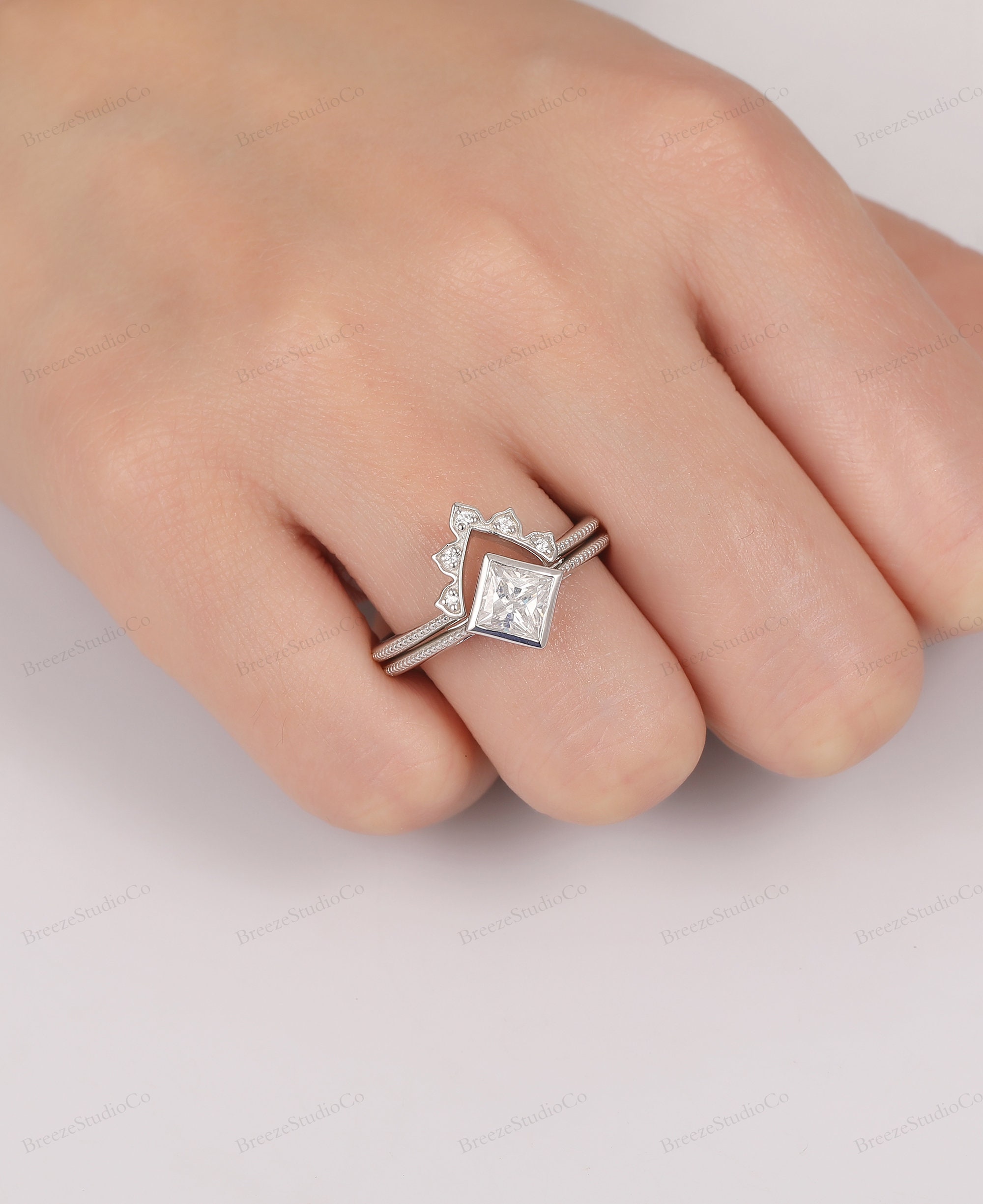 Unique Bridal Set 5.5x5.5mm Square Cut Moissanite Ring Etsy