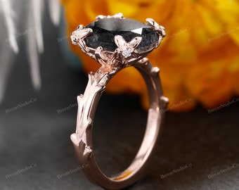 Flower Branch Setting Oval 3CT Salt and Pepper Diamond Statement Engagement Ring Unique Floral Pattern Leaf Vine Style Wedding Rings