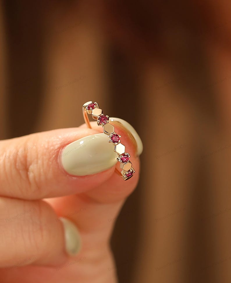 14k Gold Minimalist Gemstone Ring Half Eternity July Birthstone Ring ...