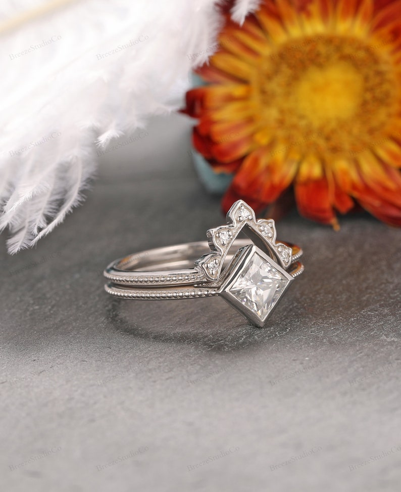 Unique Bridal Set 5.5x5.5mm Square Cut Moissanite Ring Etsy