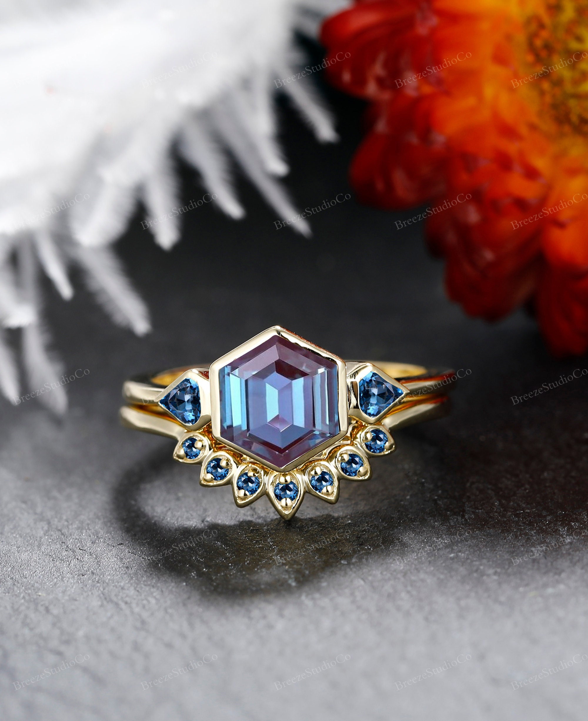 Hexagon cut Alexandrite engagement ring set gemstone ring rose gold silver bezel setting ring June birthstone bridal wedding ring set women