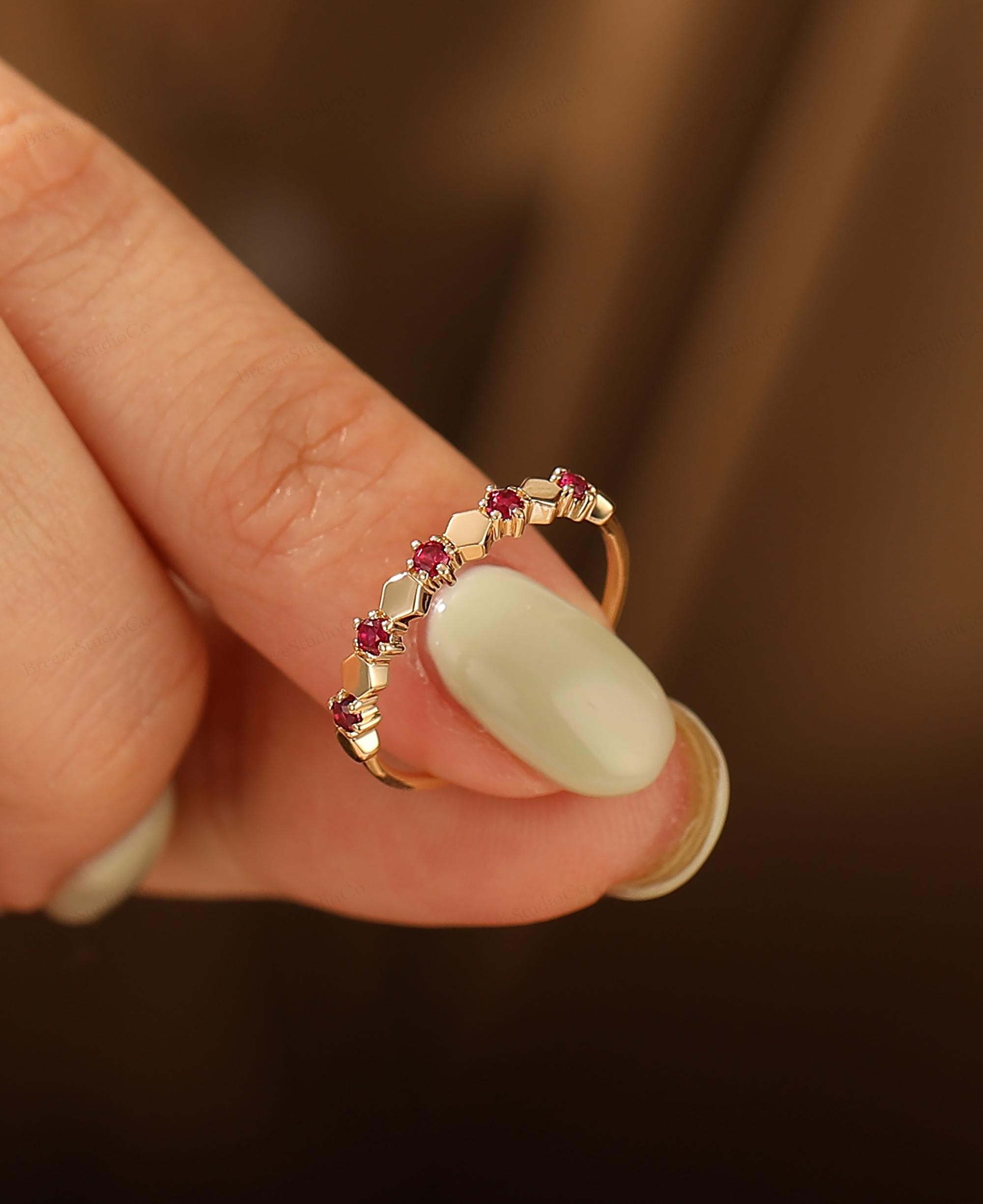 14k Gold Minimalist Gemstone Ring Half Eternity July Birthstone Ring ...