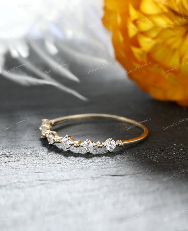 14K Solid Yellow Gold Dainty Moissanite Wedding Band Women Wedding Ring Delicate Stacking Ring Stackable Band Thin 6 Stone Diamond Band image 7