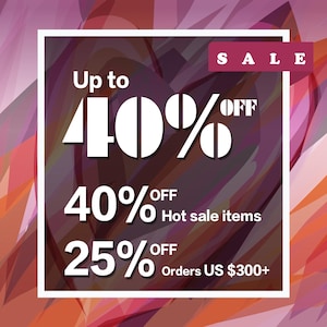 Puede incluir: Un gr&aacute;fico promocional con un borde blanco sobre un fondo abstracto colorido. El texto dice "Up to 40% OFF", "40% OFF Hot sale items" y "25% OFF Orders US $300+". Una peque&ntilde;a pancarta en la parte superior derecha dice "SALE".