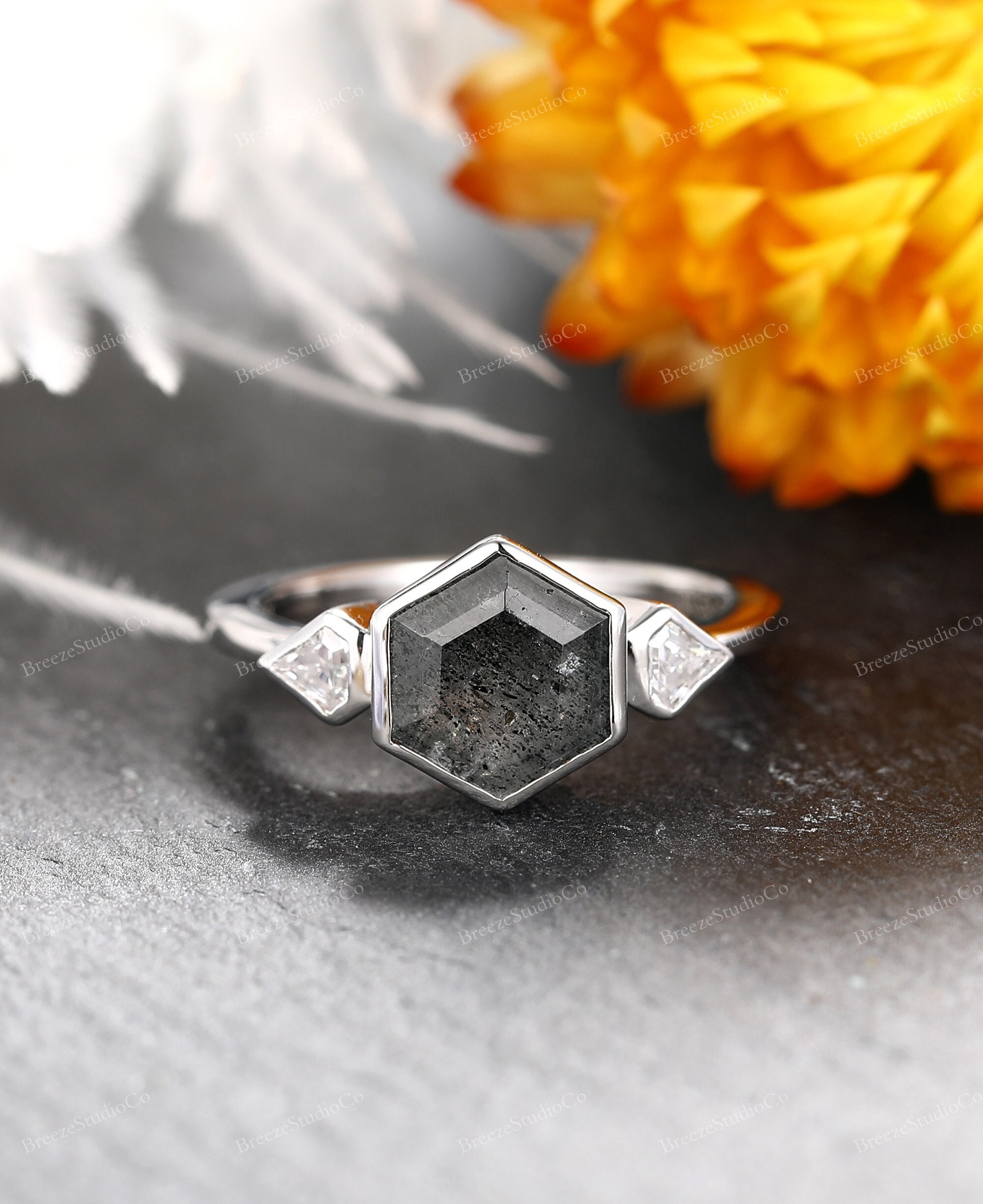 Hexagon Salt & Pepper Diamond Moissanite Triple Stone Wedding Ring Bezel Engagement Ring Promise Ring Holiday Day Family Ring Solid Gold