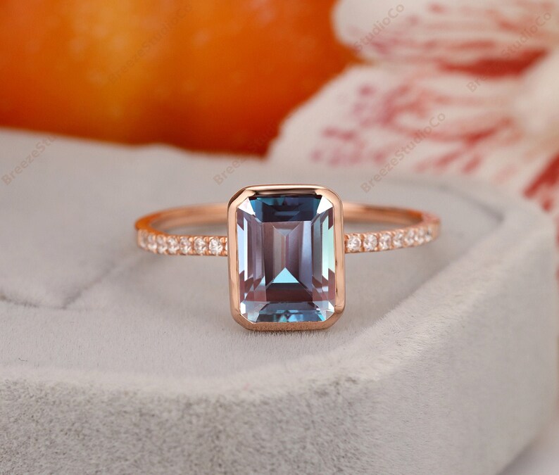 Half Eternity Bezel Set Emerald Cut Alexandrite Ring 14k Gold Etsy
