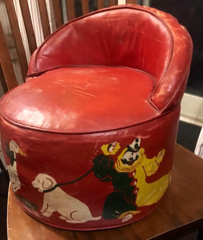 Vintage Child Club Chair Red And Hand Painted Naugahyde Circus Clowns Nursery Rhymes