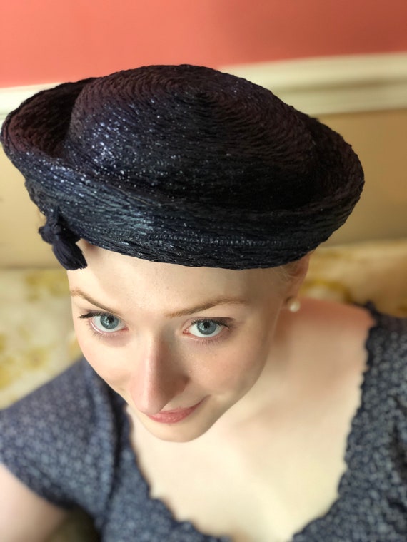 Navy Straw Rolled Boater Hat / Sailor Hat