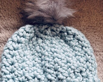 Small child beanie with fuzzy pompom
