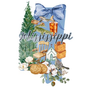 Könnte beinhalten: Aquarell-Illustration mit Symbolen des Bundesstaates Mississippi. Enthält eine blaue Schleife, Alligator, Wels, Schaukelstuhl, Kirche, Magnolienblüten, Pekannüsse, Baumwolle und eine Spottdrossel. Das Wort "Mississippi" ist kursiv geschrieben.