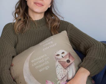 Owl with Letter on Moon pillow | Floral Night Illustration