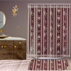 Victorian Floral Shower Curtain and Bath Mat Set, Moody Cottagecore Bathroom Decor, Burgundy Botanical Rug, Grandmillennial Home Gift