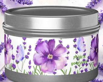 Purple Floral Tin Candle, Lavender Scented Decor, Coconut Soy Candle in Metal Tin, Spa Relaxation Gift for Her