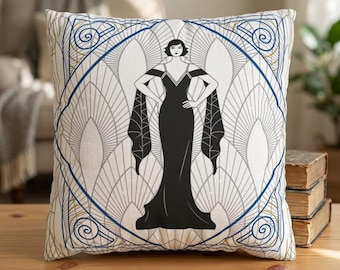 Poszewka na poduszkę Art Deco Flapper Portrait | Poszewka na poduszkę w kształcie kwadratu