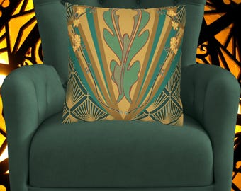 Art Nouveau Floral Pillow Cover, Teal and Gold, Grandmillennial Decor