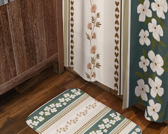 Floral Stripe Bath Mat & Shower Curtain, Vintage Cottagecore Bathroom Decor, Muted Teal Garden Botanical Bath Rug, Country Floral Gift