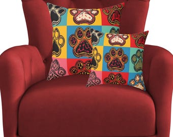 Pop Art Paw Print Pillow, Colorful Faux Suede Cushion Cover