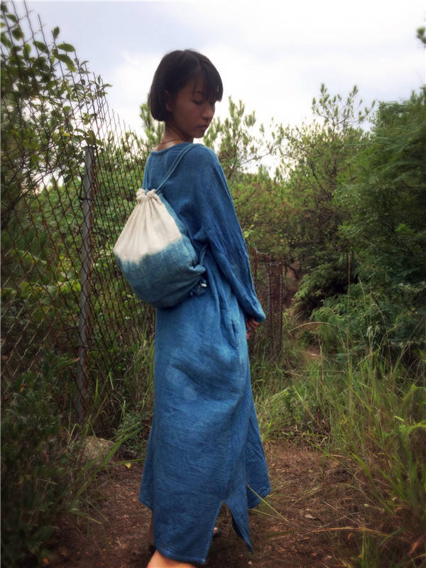 Hand-dyed Indigo Long Sleeve Robe Dress Handmade Vegetable Tanned ...
