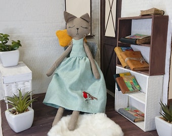 linen kitten soft-ergonomic, handmade doll, embroidered on linen fabric, linen doll, doll cat, embroidered kitten