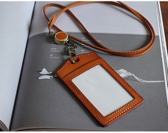 Personalized - Retractable Leather ID Holder, Badge Holder, ID Holder Leather Lanyard