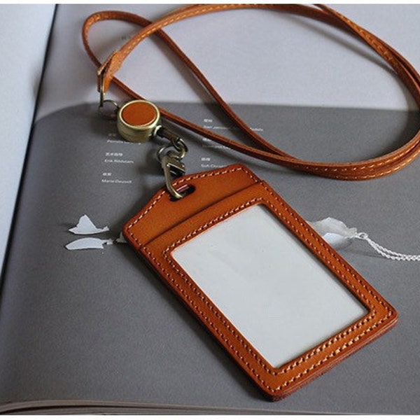 Personalized - Retractable Leather ID Holder, Badge Holder, ID Holder Leather Lanyard