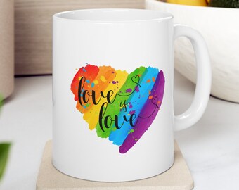 Love is Love Mug, 11oz, Rainbow Heart, Pride