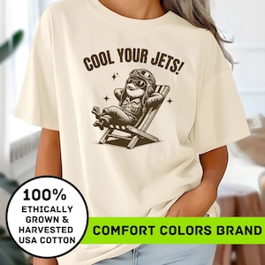 May include: A beige t-shirt with a cartoon illustration of a pilot wearing a helmet and sunglasses relaxing in a lounge chair. The text "COOL YOUR JETS!" is printed above the illustration. The text "100% ETHICALLY GROWN & HARVESTED USA COTTON" is printed in a circle on the left side of the image. The text "COMFORT COLORS BRAND" is printed in green at the bottom of the image.