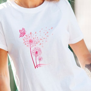 Breast Cancer Awareness Shirt with ribbons floating away from a dandelion as a butterfly tries to land, beautiful floral shirt