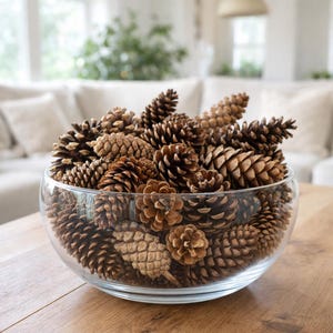 May include: A clear glass bowl filled with various sizes of brown pine cones. The bowl sits on a wooden table, with a blurred background of a white couch and window. The pine cones are a natural decorative element.