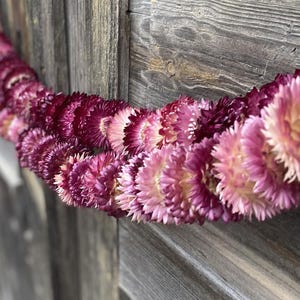 Puede incluir: Una guirnalda de flores secas en tonos rosa y morado. Las flores están dispuestas en un patrón circular y están enhebradas con un alambre delgado. La guirnalda está colgada en una superficie de madera.