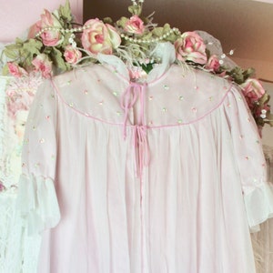 Vintage 50s 60s Exquisite Pink Chiffon Peignoir Set, 2 Piece Robe & Nightgown, Embroidered Floral Details, Valentine&#39;s Gifts, Size Small