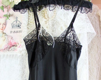 Vintage 50s Nan Flowers Originals Exquisite Black Lace Ruffle Slip, Boudoir Slips, Adjustable Straps, Ruffles & Lace Florals, Size S/M