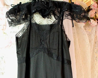 Vintage 60s 70s Pandora Chic Sheer Black Lacey Slip Dress
